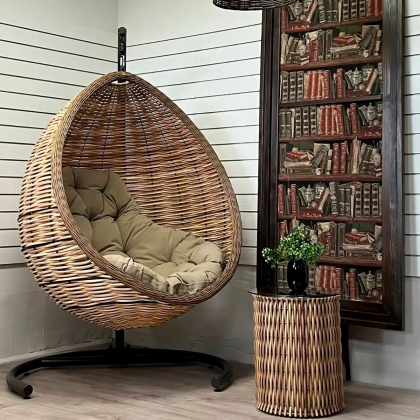 Кресло подвесное Goccia Wenge из искусственного ротанга (Миндаль омбре, подушка Капучино)