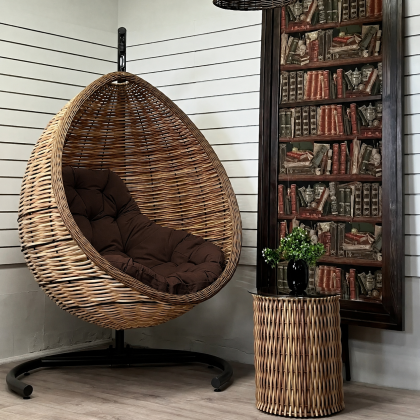 Кресло подвесное Goccia Wenge из искусственного ротанга (Миндаль омбре / подушка Браун)