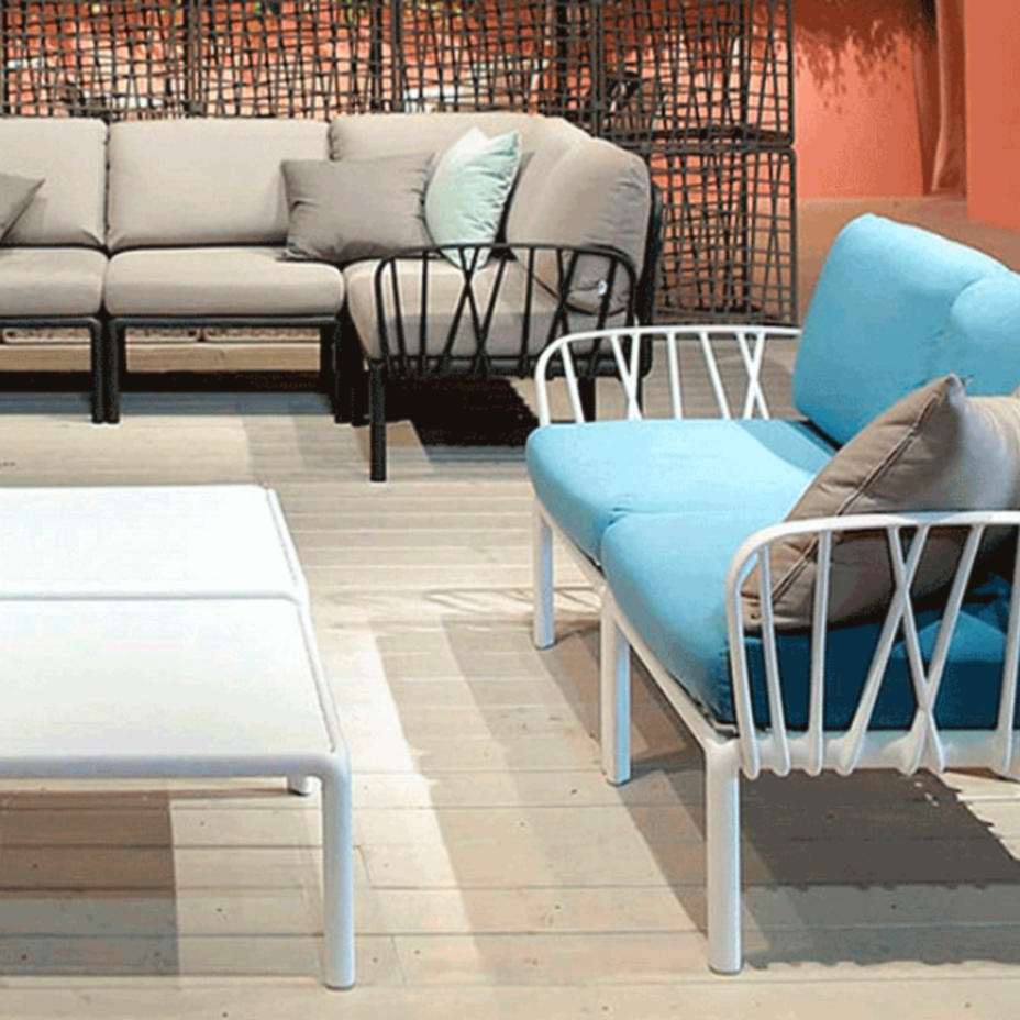 KOMODO 5, диван угловой (bianco/белый, подушка синий Sunbrella)